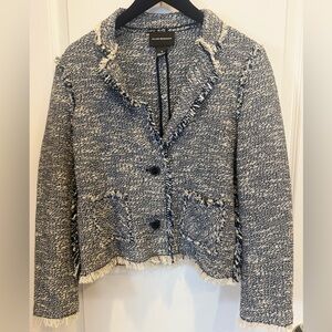 CLUB MONACO Tweed Fringe Blazer Jacket Blue White Size 8